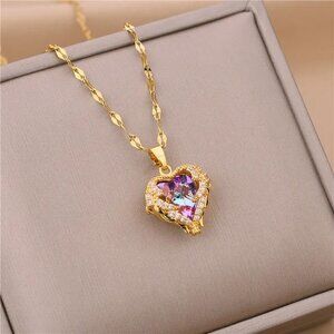 NEW 14K Yellow Gold Amethyst Heart Of Ocean Crystal Luxury Necklace